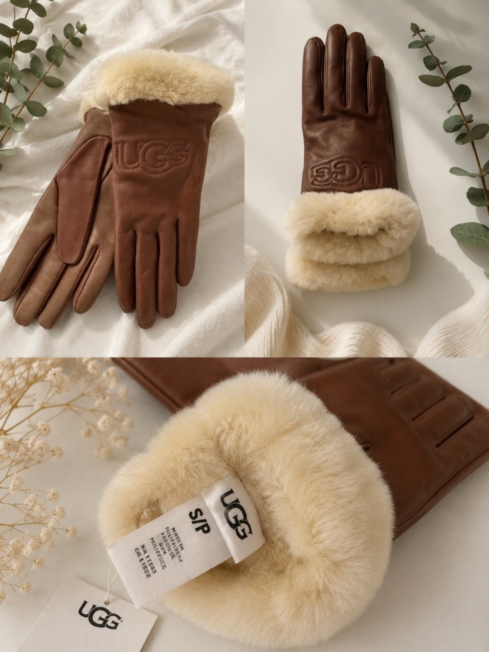 UGG Shearling Leather Gloves Brown Touchscreen Winter Gloves Size S/P NWT